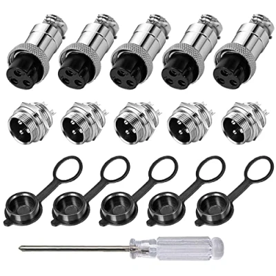 Image of Aiqeer 5 Pcs 3 Pin GX16 Aviation Connector, 16 mm Thread Panel Metal Cable 5A Male Female Connector Plug Socket Kit, with Rubber Cap and Phillips Screwdriver