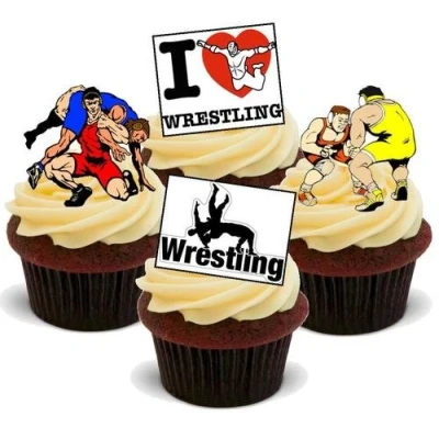 Image of I Love Wrestling Mix 12 Edible Stand Up Premium Wafer Card Cake Toppers Decorations
