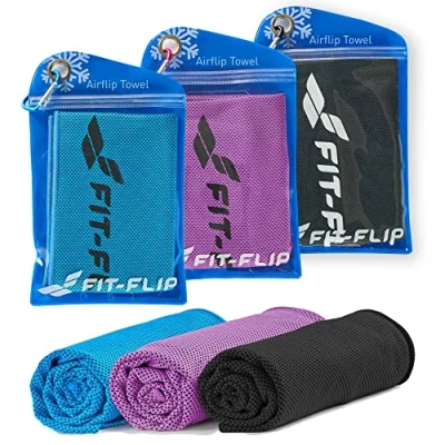 Image of Fit Flip Set of 3 Cooling towel cool down microfibre ice for sport and sweat stay Airflip neck cold yoga fitness (black/blue/purple, 100x30cm)