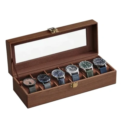 Image of SONGMICS Watch Box with 6 Slots, Box, Glass Lid, Removable Pads, Metal Lock, Brown Coating and Lining JWB006K01