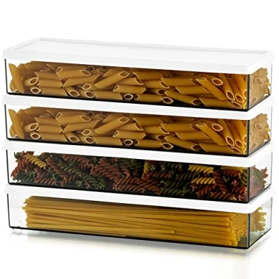 Image of Hanobe Pasta Storage Spaghetti Container: Set of 4 Plastic Airtight Jar with Lids Rectangular Food Containers Durable and Stackable for Pantry Drawer Fridge Kitchen Cupboards