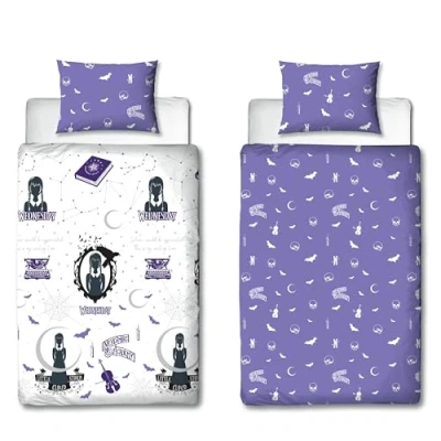 Image of Character World Wednesday Official Single Duvet Cover Set, Destined Design Reversible 2 Sided Bedding Merchandise Including Matching Pillow Case Purple and White Bed Quilt