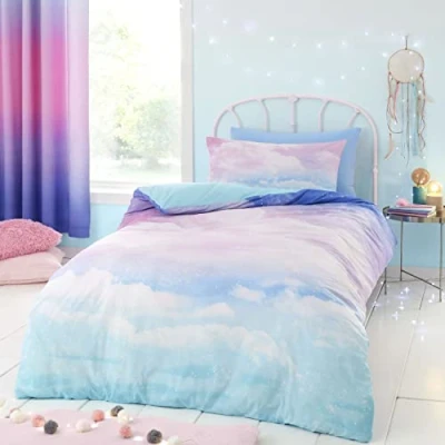 Image of Catherine Lansfield Ombre Rainbow Clouds Reversible Single Duvet Cover Set with Pillowcase Pastel