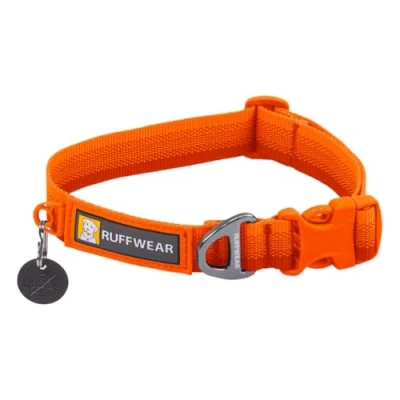 Image of Ruffwear Front Range Large Dog Collar, Pet Collar with Aluminum V ring Lead Attachment, Comfortable &amp; Strong Side Buckle Webbing for Walking, Size 508mm 660mm, Blaze Orange, L