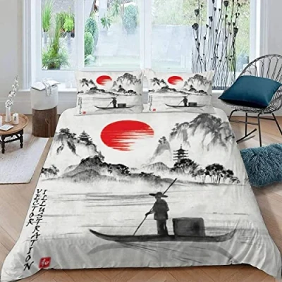 Image of Japanese Art Bedding Sets Double Size Soft Microfiber Personalised Ukiyo e 3D Bed 3 Pieces Small Duvet Cover with Zipper Quilt Anti Allergic