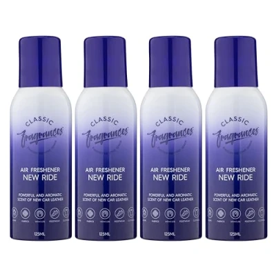 Image of Classic Fragrances 4 Pack New Ride Powerful &amp; Aromatic Car Aroma Air Freshener Spray For Home Vehicles Long Lasting Smell, Portable Can Deodorise Neutralise Odours 125ml