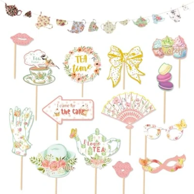 Image of FFDHWU 14 Piece Photo Prop Set, 1 Teapot Teacup Flag Afternoon Tea Decorations, Party Hen Booth Props