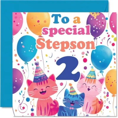 Image of 2nd Step Son Birthday Card Cute Cats Special Happy for from Mum Dad, 145mm x Age 2 Two Greeting Cards