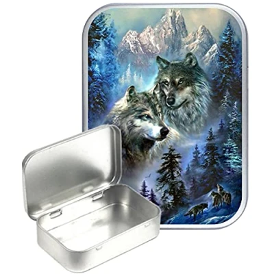 Image of TEEZ Wolf Valley Silver Hinged Tin,Small 30ml tin, Pill Pocket Gift Box, 1oz Tobacco Herb Tin