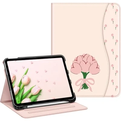 Image of FINTIE Case Compatible with iPad 10th Generation (2022) 10.9 Inch, Multi Angle Viewing Protective Stand Cover Pencil Holder &amp; Pocket, Auto Sleep/Wake, Coquette Tulips