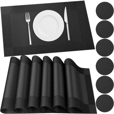 Image of HEYOMART Placemats and Coasters Sets of 6, PVC Vinyl Table Mats Non Slip Heat Resistant Washable Dinner Place for Kitchen Dining Home Restaurant, Black