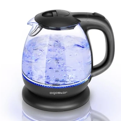 Image of Aigostar Small Electric Kettle, 1.0L Black Glass Kettle Cordless, Compact Mini Clear Water Tea Fast Quiet Boil for Kitchen Bedroom Office, 2200W Elfin 30A0Q