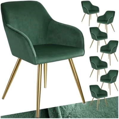 Image of TecTake® Set of 8 Dining Chairs in Velvet Look with Gold Steel Legs, Thickly Padded Armchairs, Ergonomic Design &amp; Easy Assembly Ideal as Dining, Living Room, Bedroom Desk Dark Green/Gold