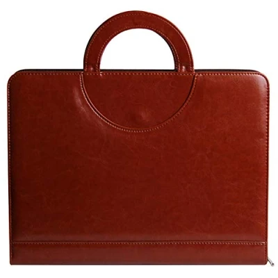 Image of A4 Leather Portfolio with Carrying Handle Padfolio Zipped Conference Folder Calculator Document Case Bag
