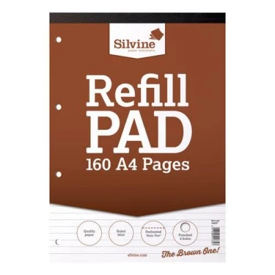 Image of Silvine Refill Pad Headbound 75gsm Ruled Perforated Punched 4 Holes 160pp A4 Brown Ref A4RPF [Pack 6] + Free finchley Pen (1)