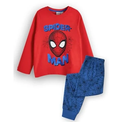 Image of Marvel Spiderman Boys Pyjama Set Kids Superhero Long Sleeve Leg Graphic PJs in Red &amp; Blue Spider Man Mask Top and Webbed All Over Print Bottoms Film Movie Comic Sleepwear Merchandise Gift