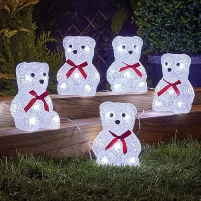Image of Festive Lights Indoor &amp; Outdoor 5 Polar Bear Acrylic On String Christmas Figures 40 Clear White LED Battery Powered Lighting Timer Decoration