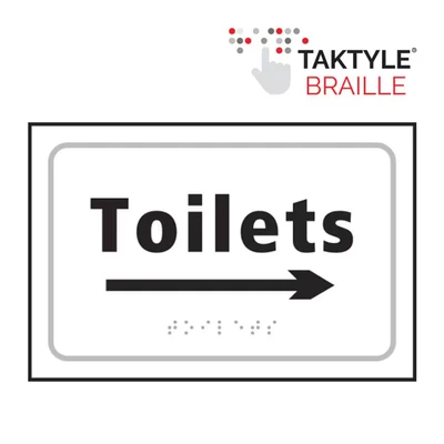Image of Toilets Arrow Right Braille Sign, Self Adhesive Tactile, White (225mm x 150mm)