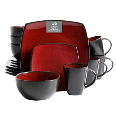 Image of Gibson Soho Lounge 61220.16RM Square Reactive Glaze Stoneware Dinnerware Set, Red