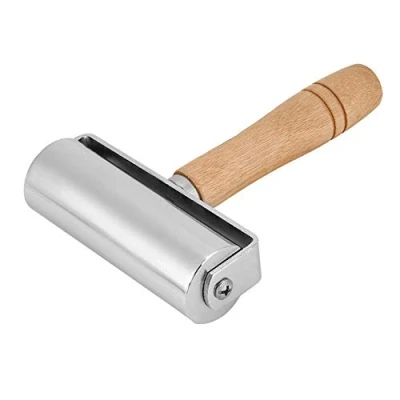Image of Silver Tone(100mm) Leather Press Roller Wooden Handle Platen Tools Edge Glue Metal Roll