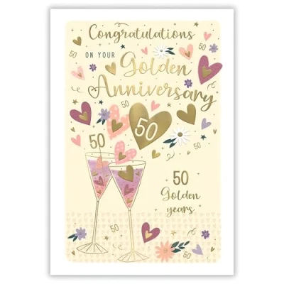 Image of IC&amp;G 50th Anniversary Card Happy Golden 50 Years with Drinks and Love Hearts Design Embossed Foil Details for a Special Couple