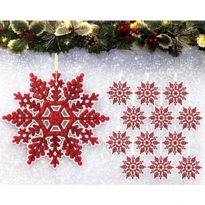 Image of 12pk Glitter Snowflake Hanging Decorations, Christmas Tree Baubles/Ornaments (Red)