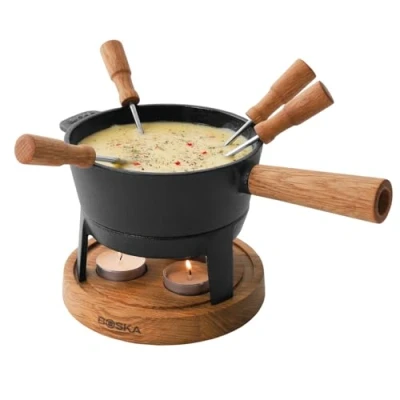 Image of Boska Fondue Sets Pro S 2 to 4 Persons Cheese on Teawarmers 700 ml Volume for 350 gr Melted [inc. Forks] [Stable, Oak Wood and Stainless Steel]