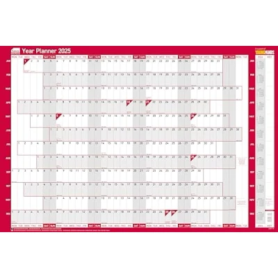 Image of Sasco 2025 Yearly Wall Planner Set, Paper Whiteboard Poster Style Dry Erase Calendar, Large with Marker Pen, Pen Clip &amp; Stickers, Blue, 915 x 610mm, 2410239