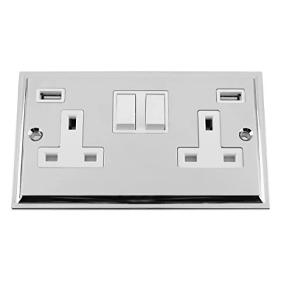 Image of USB Socket 2 Gang Polished Chrome Victorian White Insert Plastic Rocker Switch 13A Double Wall Plug 3