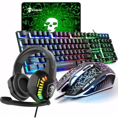 Image of LexonElec UK Layout 4 in 1 Gaming Keyboard and Mouse Set, Rainbow Backlit Usb + 2400DPI 6 Buttons Optical LED Headset Pads for PC/Mac Black