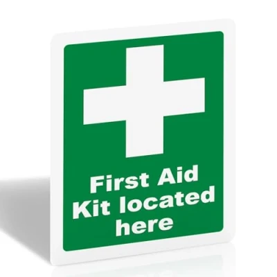 Image of First Aid Kit Located Here Sign 200mm x 150mm Self adhesive Vinyl Safety Signs with Matte Finish Sticker