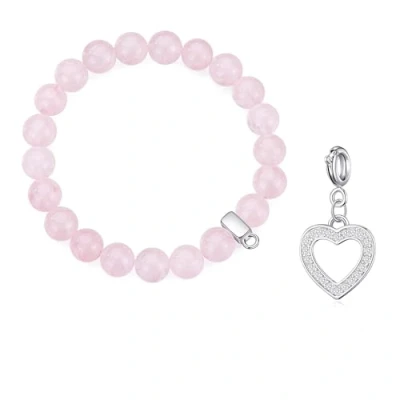 Image of Philip Jones Rose Quartz Gemstone Bracelet with Open Heart Charm Created Zircondia® Crystals