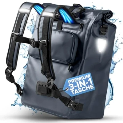 Image of Büchel 3 in 1 Bicycle Bag for Pannier Rack, Can be Used as Backpack, Shoulder or Rack Bag, Waterproof &amp; Reflective, with 22 L Capacity and Non Slip Base