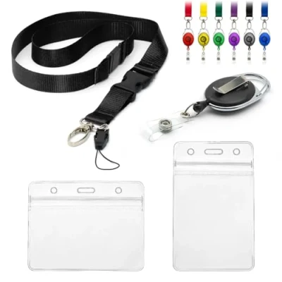 Image of Lanyard with Card Holder 4pc Set, Includes 1 Detachable Safety Breakaway Retractable Yo Reel Clip 2 Clear Waterproof Identification ID Badge Double Sided Plastic Identity Pouches (Black)