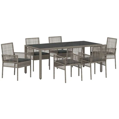 Image of vidaXL 7 Piece Garden Dining Set with Cushions Grey Poly Rattan