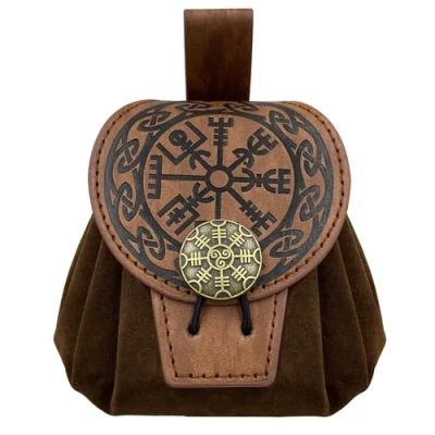 Image of HiiFeuer Medieval Embossed Faux Leather Belt Pouch, Retro Renaissance Portable Bag Coin Purse Dice for LARP Ren Faire(Brown A)