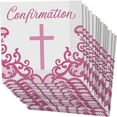 Image of Fancy Pink Cross Confirmation Luncheon Napkins (16cm) Elegant &amp; Stunning Design Perfect for Religious Celebrations Events 16ct