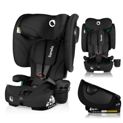 Image of LIONELO Foldable Car Seat Nelly I Size with ISOFIX for Children Approx. 76 150cm, Forward &amp; Backward Facing TT Strap Side Protection, Adjustable Headrest Backrest (Black, ‎50 x 45 58 cm)