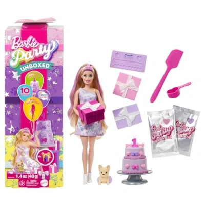 Image of Barbie Party Unboxed Doll &amp; Accessories, Pet Birthday Series Bows Set with 10 Surprises Including Color Change Cake Decorating Activity, JFG70