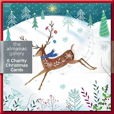 Image of Pack of 8 Prancing Xmas Reindeer Mini Charity Christmas Cards Multiple Charities ASCX9833