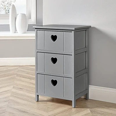 Image of Home Source Chest, Wooden Storage Unit Bedroom Organiser Bedside, Love Heart Design, 3 Drawer, Grey, Engineered Wood