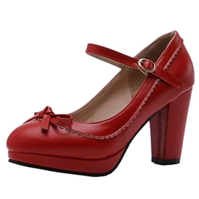 Image of Cocey Women Marry Janes with Cute Bow and Chunky Heel Red