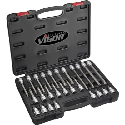 Image of Set di bit per cacciavite ViGOR V1918, utensili da 26 pezzi, attacco: quadrato 12,5 mm (1/2 pollice), uscita: Profilo interno multidente XZN con chiave misura: M5 M16