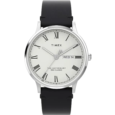 Image of Timex Men&#039;s Waterbury 40 mm Watch Black Leather Two Piece Quick Release Strap White Dial Stainless Steel Case TW2W15000