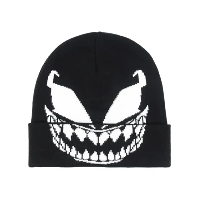 Image of Marvel Venom Beanie Hat, Winter Knit Cap with Cuff and Face Design, Black, One Size, size
