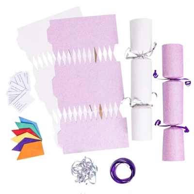 Image of evelay 12 Make Your Own Christmas Cracker Kit DIY Baby Pink &amp; White Glitter Crackers Hats Snaps Jokes (Baby Pink, White)