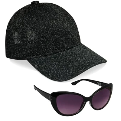 Image of CityComfort Girls Cap and Sunglasses Set, Baseball UV (Black Glitter)
