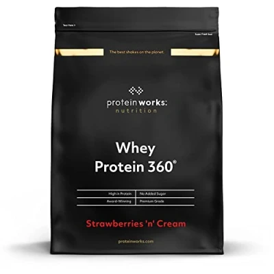 Image of Protein Works Whey 360 Premium Shake Powder Blend No Added Sugar 40 Servings Strawberries &#039;n&#039; Cream 1.2kg