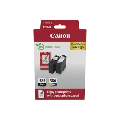 Image of Canon PG 585 / CL 586 Genuine Ink Cartridges, Pack of 2 (1x Black, 1x Colour), Includes 50 Sheets 4x6 Photo Paper Compatible with PIXMA TS7650i TS7750i