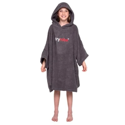 Image of Dryrobe Towelling Robe Hooded Poncho Towel Changing Organic Cotton (400 gsm) Short Sleeve (Kids 5 9 Slate Grey)
